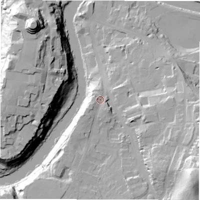 Shaded relief map of the ground around DH13DG, computed from Environment Agency LiDAR. The ground here sits at about 50 m above sea level and falls 53 m across the surrounding 800 m. Surface water reaching this point runs off ground lying to the south-west, 5.9 m higher.