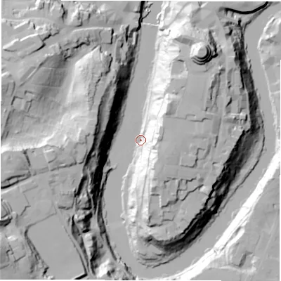 Shaded relief map of the ground around DH13EB, computed from Environment Agency LiDAR. The ground here sits at about 31 m above sea level and falls 59 m across the surrounding 800 m. Surface water reaching this point runs off ground lying to the south-east, 35.0 m higher.