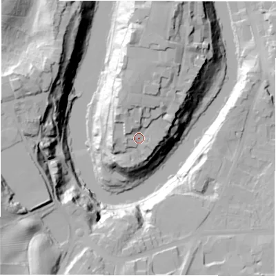 Shaded relief map of the ground around DH13EE, computed from Environment Agency LiDAR. The ground here sits at about 56 m above sea level and falls 57 m across the surrounding 800 m. Surface water reaching this point runs off ground lying to the north, 8.2 m higher.