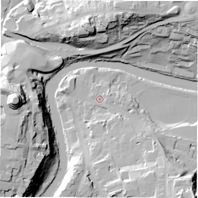 Shaded relief map of the ground around DH13EN, computed from Environment Agency LiDAR. The ground here sits at about 37 m above sea level and falls 48 m across the surrounding 800 m. Surface water reaching this point runs off ground lying to the south-east, 4.0 m higher.