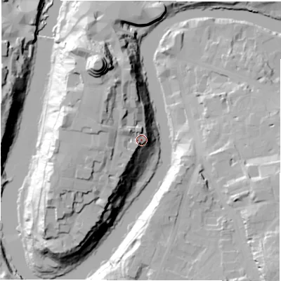 Shaded relief map of the ground around DH13ER, computed from Environment Agency LiDAR. The ground here sits at about 52 m above sea level and falls 50 m across the surrounding 800 m. Surface water reaching this point runs off ground lying to the west, 20.7 m higher.