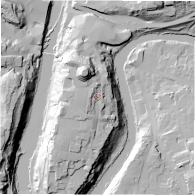 Shaded relief map of the ground around DH13ET, computed from Environment Agency LiDAR. The ground here sits at about 59 m above sea level and falls 50 m across the surrounding 800 m. Surface water reaching this point runs off ground lying to the west, 6.8 m higher.