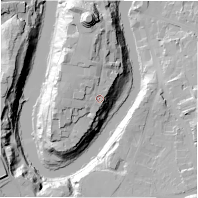 Shaded relief map of the ground around DH13EW, computed from Environment Agency LiDAR. The ground here sits at about 59 m above sea level and falls 47 m across the surrounding 800 m. Surface water reaching this point runs off ground lying to the north-west, 5.3 m higher.