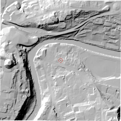 Shaded relief map of the ground around DH13HJ, computed from Environment Agency LiDAR. The ground here sits at about 37 m above sea level and falls 48 m across the surrounding 800 m. Surface water reaching this point runs off ground lying to the south-east, 3.9 m higher.