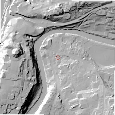 Shaded relief map of the ground around DH13HL, computed from Environment Agency LiDAR. The ground here sits at about 37 m above sea level and falls 50 m across the surrounding 800 m. Surface water reaching this point runs off ground lying to the south-east, 8.9 m higher.