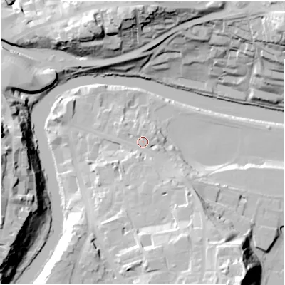 Shaded relief map of the ground around DH13HN, computed from Environment Agency LiDAR. The ground here sits at about 39 m above sea level and falls 45 m across the surrounding 800 m. Surface water reaching this point runs off ground lying to the south-south-east, 20.0 m higher.