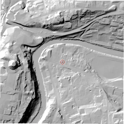 Shaded relief map of the ground around DH13JJ, computed from Environment Agency LiDAR. The ground here sits at about 37 m above sea level and falls 51 m across the surrounding 800 m. Surface water reaching this point runs off ground lying to the south-south-east, 6.9 m higher.