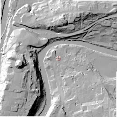 Shaded relief map of the ground around DH13JN, computed from Environment Agency LiDAR. The ground here sits at about 36 m above sea level and falls 51 m across the surrounding 800 m. Surface water reaching this point runs off ground lying to the east-south-east, 4.7 m higher.