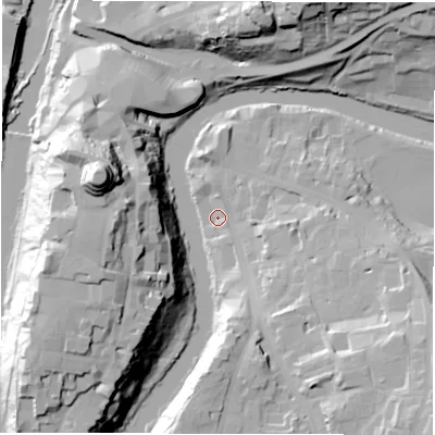 Shaded relief map of the ground around DH13JT, computed from Environment Agency LiDAR. The ground here sits at about 34 m above sea level and falls 50 m across the surrounding 800 m. Surface water reaching this point runs off ground lying to the south-east, 27.9 m higher.