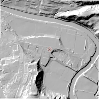 Shaded relief map of the ground around DH13JU, computed from Environment Agency LiDAR. The ground here sits at about 40 m above sea level and falls 50 m across the surrounding 800 m. Surface water reaching this point runs off ground lying to the south-south-west, 39.5 m higher.