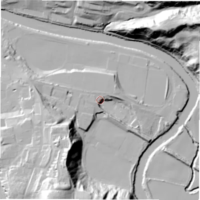 Shaded relief map of the ground around DH13LA, computed from Environment Agency LiDAR. The ground here sits at about 40 m above sea level and falls 51 m across the surrounding 800 m. Surface water reaching this point runs off ground lying to the south-south-west, 44.5 m higher.