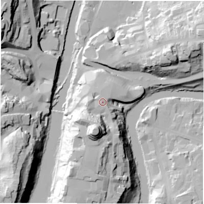 Shaded relief map of the ground around DH13NP, computed from Environment Agency LiDAR. The ground here sits at about 50 m above sea level and falls 51 m across the surrounding 800 m. Surface water reaching this point runs off ground lying to the west-south-west, 5.5 m higher.