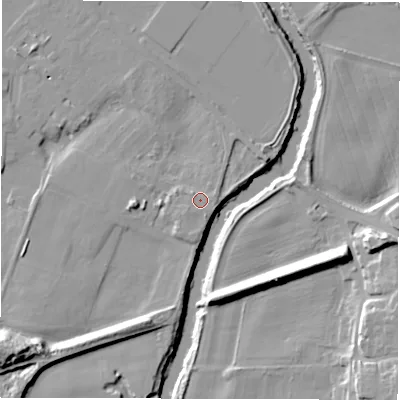 Shaded relief map of the ground around DH13PJ, computed from Environment Agency LiDAR. The ground here sits at about 38 m above sea level and falls 17 m across the surrounding 800 m. Surface water reaching this point runs off ground lying to the south-south-west, 0.9 m higher.
