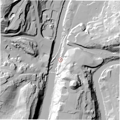 Shaded relief map of the ground around DH13RA, computed from Environment Agency LiDAR. The ground here sits at about 32 m above sea level and falls 65 m across the surrounding 800 m. Surface water reaching this point runs off ground lying to the west-south-west, 41.8 m higher.