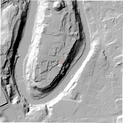 Shaded relief map of the ground around DH13RJ, computed from Environment Agency LiDAR. The ground here sits at about 59 m above sea level and falls 47 m across the surrounding 800 m. Surface water reaching this point runs off ground lying to the west-north-west, 9.0 m higher.