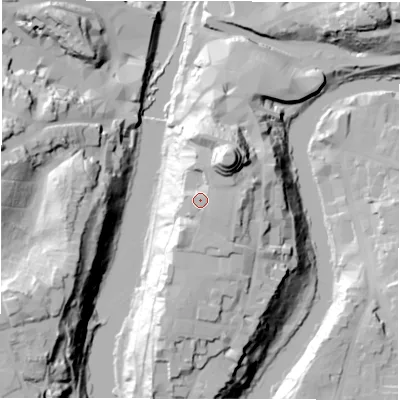 Shaded relief map of the ground around DH13RN, computed from Environment Agency LiDAR. The ground here sits at about 64 m above sea level and falls 50 m across the surrounding 800 m. Surface water reaching this point runs off ground lying to the south, 0.9 m higher.