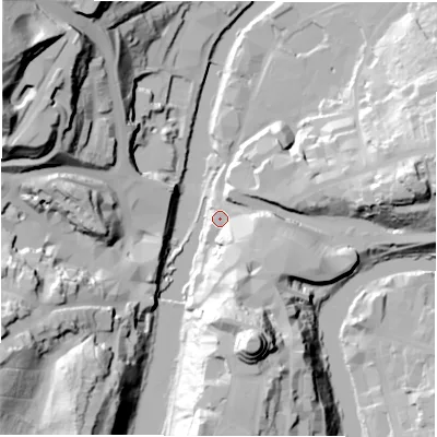 Shaded relief map of the ground around DH13RP, computed from Environment Agency LiDAR. The ground here sits at about 35 m above sea level and falls 65 m across the surrounding 800 m. Surface water reaching this point runs off ground lying to the east, 29.7 m higher.
