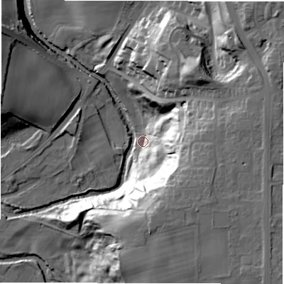 Shaded relief map of the ground around DH13RU, computed from Environment Agency LiDAR. The ground here sits at about 62 m above sea level and falls 44 m across the surrounding 800 m. Surface water reaching this point runs off ground lying to the east-south-east, 40.6 m higher.
