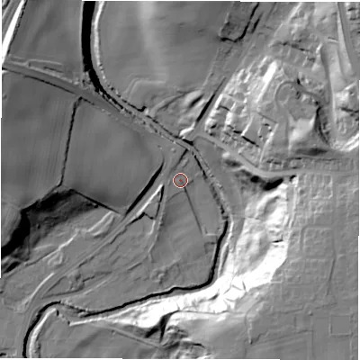 Shaded relief map of the ground around DH13RX, computed from Environment Agency LiDAR. The ground here sits at about 63 m above sea level and falls 43 m across the surrounding 800 m. Surface water reaching this point runs off ground lying to the north-north-west, 2.7 m higher.