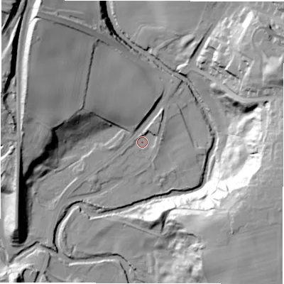 Shaded relief map of the ground around DH13RY, computed from Environment Agency LiDAR. The ground here sits at about 62 m above sea level and falls 43 m across the surrounding 800 m. Surface water reaching this point runs off ground lying to the north-north-east, 4.1 m higher.
