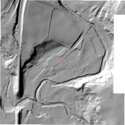 Shaded relief map of the ground around DH13SA, computed from Environment Agency LiDAR. The ground here sits at about 62 m above sea level and falls 43 m across the surrounding 800 m. Surface water reaching this point runs off ground lying to the north-north-east, 0.8 m higher.