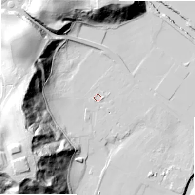 Shaded relief map of the ground around DH13SB, computed from Environment Agency LiDAR. The ground here sits at about 36 m above sea level and falls 74 m across the surrounding 800 m. Surface water reaching this point runs off ground lying to the south-west, 70.4 m higher.