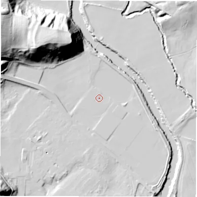 Shaded relief map of the ground around DH13SE, computed from Environment Agency LiDAR. The ground here sits at about 36 m above sea level and falls 48 m across the surrounding 800 m. Surface water reaching this point runs off ground lying to the south-south-east, 2.9 m higher.