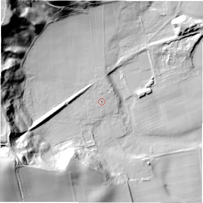 Shaded relief map of the ground around DH13SF, computed from Environment Agency LiDAR. The ground here sits at about 39 m above sea level and falls 62 m across the surrounding 800 m. Surface water reaching this point runs off ground lying to the west, 4.8 m higher.