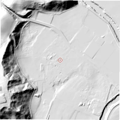 Shaded relief map of the ground around DH13SG, computed from Environment Agency LiDAR. The ground here sits at about 36 m above sea level and falls 74 m across the surrounding 800 m. The ground contributing surface water to this point lies to the west-north-west.