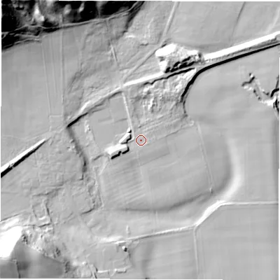 Shaded relief map of the ground around DH13SJ, computed from Environment Agency LiDAR. The ground here sits at about 38 m above sea level and falls 51 m across the surrounding 800 m. Surface water reaching this point runs off ground lying to the west-south-west, 2.9 m higher.