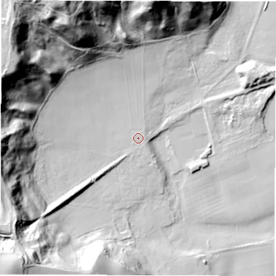 Shaded relief map of the ground around DH13SL, computed from Environment Agency LiDAR. The ground here sits at about 41 m above sea level and falls 71 m across the surrounding 800 m. Surface water reaching this point runs off ground lying to the north-north-west, 66.6 m higher.