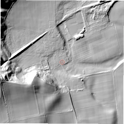 Shaded relief map of the ground around DH13SN, computed from Environment Agency LiDAR. The ground here sits at about 37 m above sea level and falls 46 m across the surrounding 800 m. Surface water reaching this point runs off ground lying to the west-south-west, 44.0 m higher.
