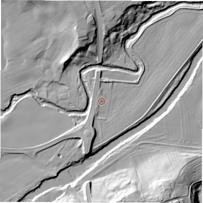 Shaded relief map of the ground around DH13SP, computed from Environment Agency LiDAR. The ground here sits at about 42 m above sea level and falls 31 m across the surrounding 800 m. Surface water reaching this point runs off ground lying to the south-south-west, 6.3 m higher.