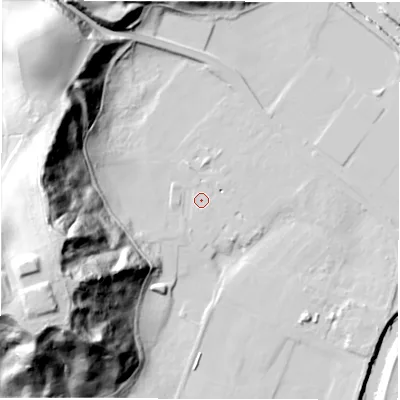 Shaded relief map of the ground around DH13SQ, computed from Environment Agency LiDAR. The ground here sits at about 36 m above sea level and falls 74 m across the surrounding 800 m. Surface water reaching this point runs off ground lying to the south-west, 2.6 m higher.