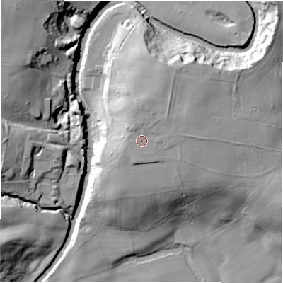Shaded relief map of the ground around DH13SR, computed from Environment Agency LiDAR. The ground here sits at about 66 m above sea level and falls 31 m across the surrounding 800 m. Surface water reaching this point runs off ground lying to the north-north-east, 3.5 m higher.