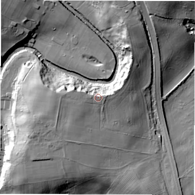 Shaded relief map of the ground around DH13SS, computed from Environment Agency LiDAR. The ground here sits at about 67 m above sea level and falls 28 m across the surrounding 800 m. Surface water reaching this point runs off ground lying to the east, 0.7 m higher.