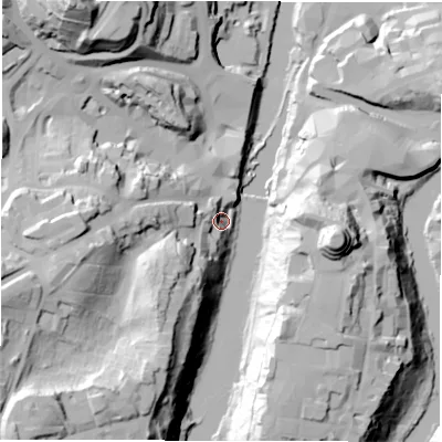 Shaded relief map of the ground around DH14DB, computed from Environment Agency LiDAR. The ground here sits at about 36 m above sea level and falls 61 m across the surrounding 800 m. Surface water reaching this point runs off ground lying to the south-west, 44.1 m higher.