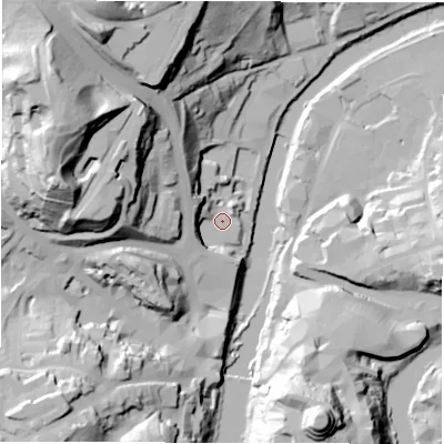 Shaded relief map of the ground around DH14FS, computed from Environment Agency LiDAR. The ground here sits at about 33 m above sea level and falls 67 m across the surrounding 800 m. Surface water reaching this point runs off ground lying to the north-west, 15.4 m higher.