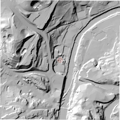 Shaded relief map of the ground around DH14FT, computed from Environment Agency LiDAR. The ground here sits at about 33 m above sea level and falls 67 m across the surrounding 800 m. Surface water reaching this point runs off ground lying to the north-north-west, 23.5 m higher.