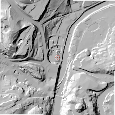 Shaded relief map of the ground around DH14FY, computed from Environment Agency LiDAR. The ground here sits at about 33 m above sea level and falls 67 m across the surrounding 800 m. Surface water reaching this point runs off ground lying to the north, 4.0 m higher.