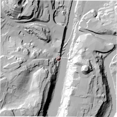 Shaded relief map of the ground around DH14PW, computed from Environment Agency LiDAR. The ground here sits at about 39 m above sea level and falls 61 m across the surrounding 800 m. Surface water reaching this point runs off ground lying to the east-south-east, 48.8 m higher.
