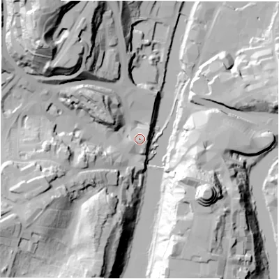 Shaded relief map of the ground around DH14SL, computed from Environment Agency LiDAR. The ground here sits at about 39 m above sea level and falls 64 m across the surrounding 800 m. Surface water reaching this point runs off ground lying to the east-south-east, 4.1 m higher.