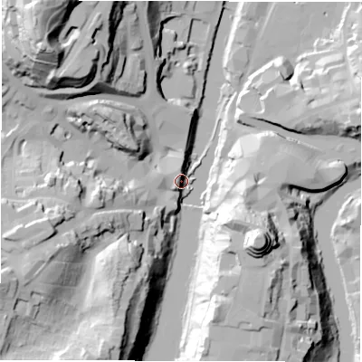 Shaded relief map of the ground around DH14SW, computed from Environment Agency LiDAR. The ground here sits at about 37 m above sea level and falls 64 m across the surrounding 800 m. Surface water reaching this point runs off ground lying to the west-south-west, 41.8 m higher.