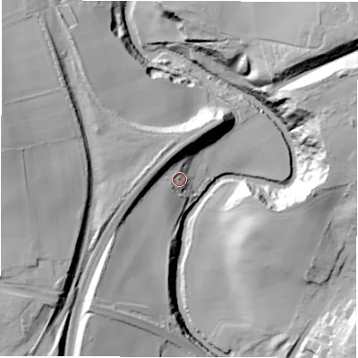 Shaded relief map of the ground around DH14TF, computed from Environment Agency LiDAR. The ground here sits at about 73 m above sea level and falls 45 m across the surrounding 800 m. Surface water reaching this point runs off ground lying to the west-north-west, 16.7 m higher.