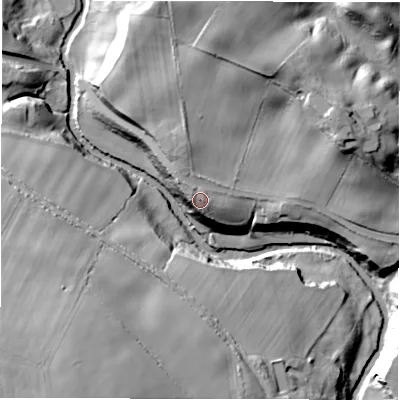 Shaded relief map of the ground around DH14TH, computed from Environment Agency LiDAR. The ground here sits at about 86 m above sea level and falls 51 m across the surrounding 800 m. Surface water reaching this point runs off ground lying to the north-west, 1.4 m higher.