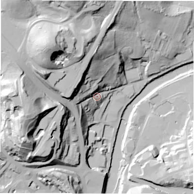 Shaded relief map of the ground around DH15SY, computed from Environment Agency LiDAR. The ground here sits at about 42 m above sea level and falls 68 m across the surrounding 800 m. Surface water reaching this point runs off ground lying to the west, 31.9 m higher.