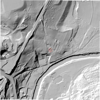 Shaded relief map of the ground around DH15SZ, computed from Environment Agency LiDAR. The ground here sits at about 44 m above sea level and falls 68 m across the surrounding 800 m. Surface water reaching this point runs off ground lying to the west-north-west, 27.4 m higher.