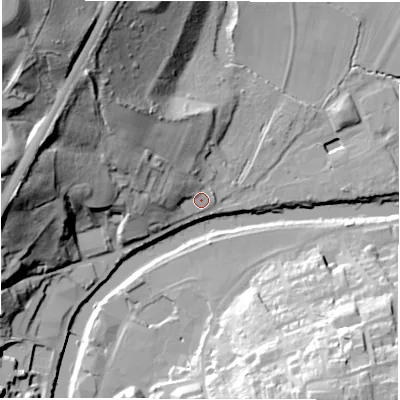 Shaded relief map of the ground around DH15TA, computed from Environment Agency LiDAR. The ground here sits at about 33 m above sea level and falls 65 m across the surrounding 800 m. Surface water reaching this point runs off ground lying to the west-north-west, 16.2 m higher.