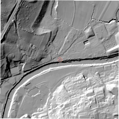 Shaded relief map of the ground around DH15TE, computed from Environment Agency LiDAR. The ground here sits at about 32 m above sea level and falls 56 m across the surrounding 800 m. Surface water reaching this point runs off ground lying to the north-north-west, 1.5 m higher.