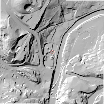 Shaded relief map of the ground around DH15TL, computed from Environment Agency LiDAR. The ground here sits at about 32 m above sea level and falls 68 m across the surrounding 800 m. Surface water reaching this point runs off ground lying to the north-west, 25.7 m higher.